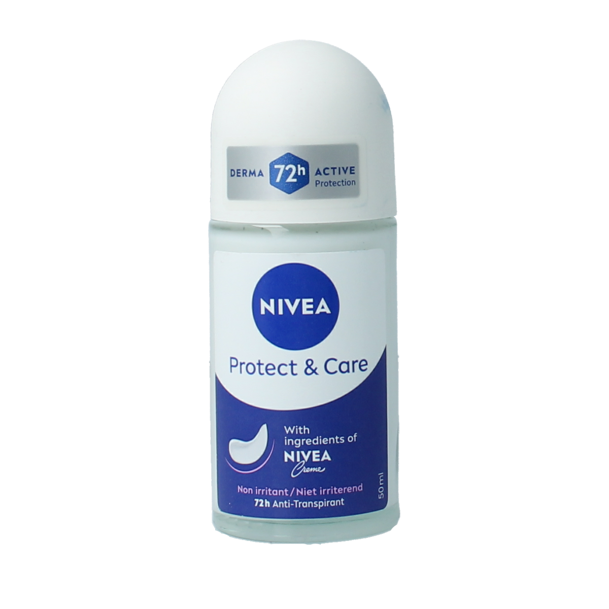 Nivea Protect & Care deodorant roller in 50ml bottle showing the white and blue design and roller ball applicator.