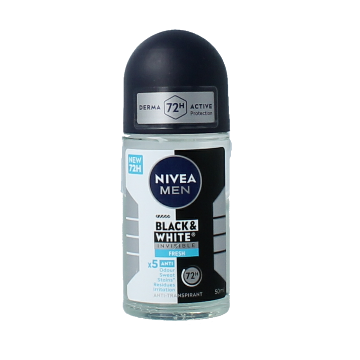 Nivea Men black & white fresh deodorant deoroller in 50ml bottle with black and white label, ready for use.