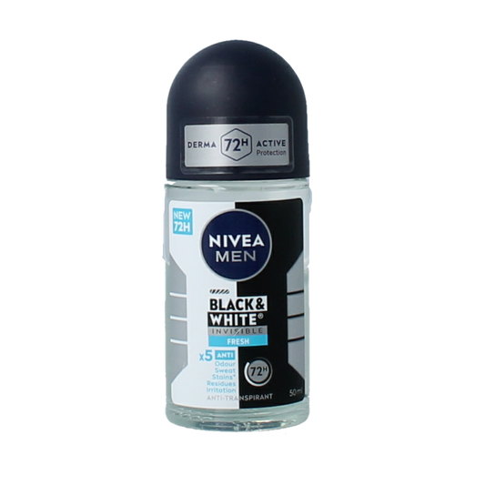 Nivea Men black & white fresh deodorant deoroller in 50ml bottle with black and white label, ready for use.
