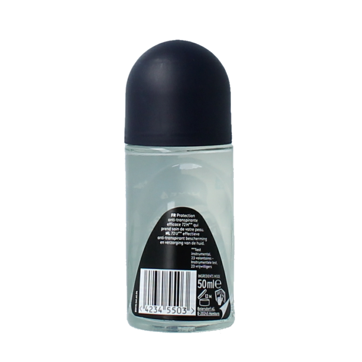 Nivea Men Black & White Fresh deodorant roll-on bottle, 50ml, with black and white packaging and clear label visible.