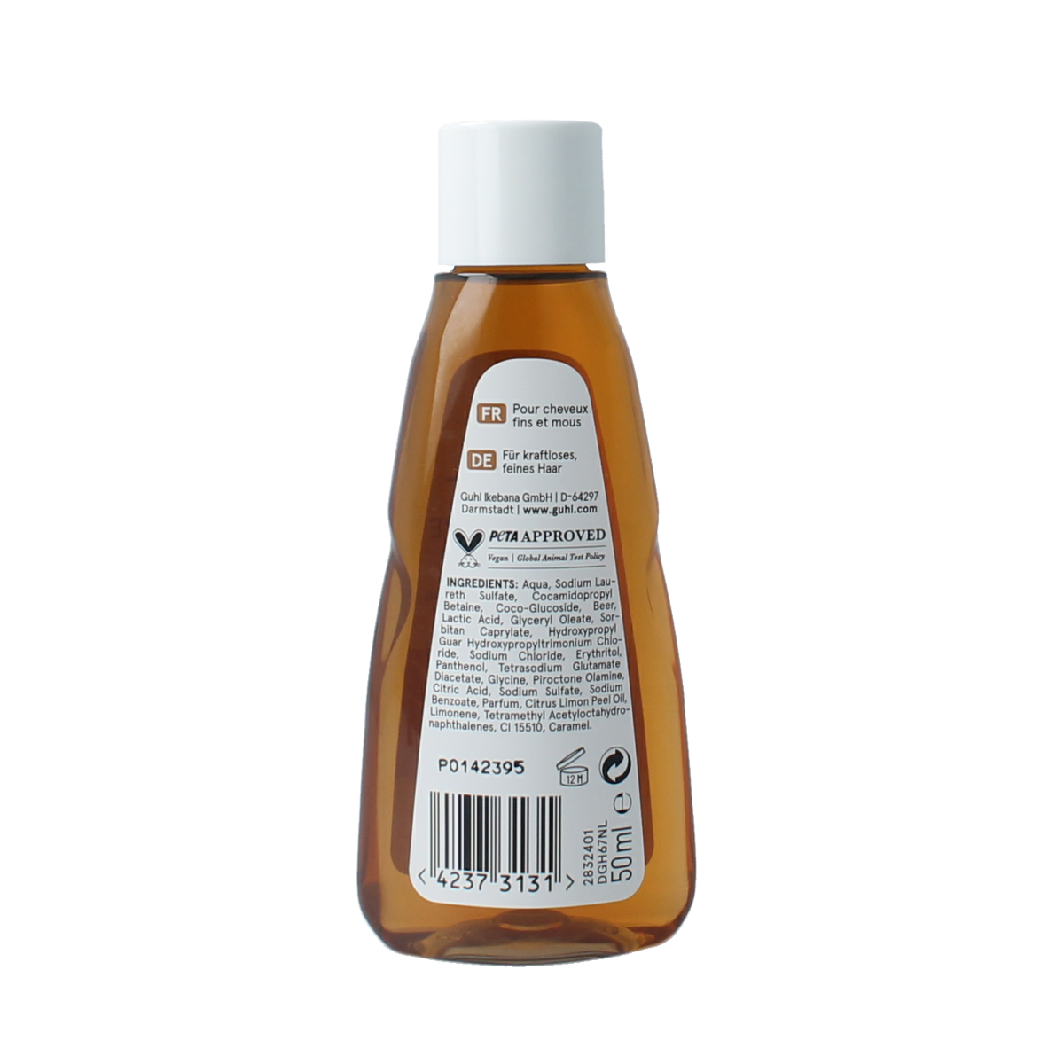 Guhl Intensieve Stevigheid mini shampoo bottle, 50ml, for strengthening hair, in a clear plastic container with a purple label.