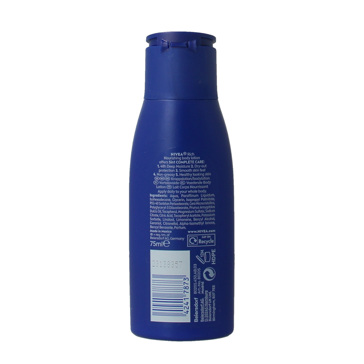 Nivea Bodymilk verzorgende lotion in 75ml container, smooth and nourishing body moisturizer for healthy skin.