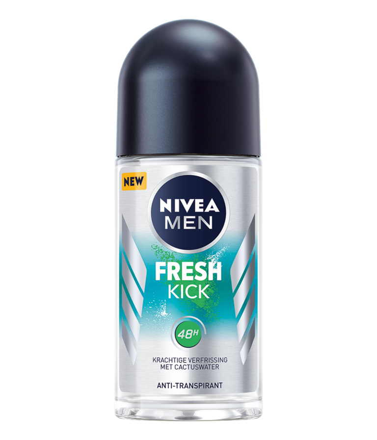 Nivea Men Fresh Kick deodorant roller in 50ml bottle with blue cap and clear label, designed for men's freshness.
