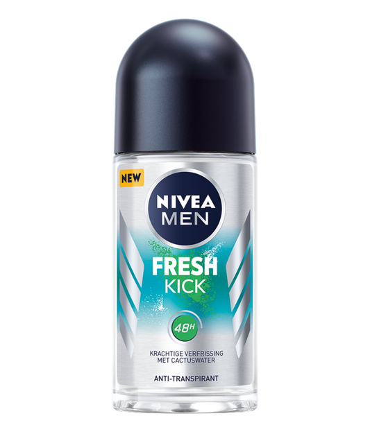 Nivea Men Fresh Kick deodorant roller in 50ml bottle with blue cap and clear label, designed for men's freshness.