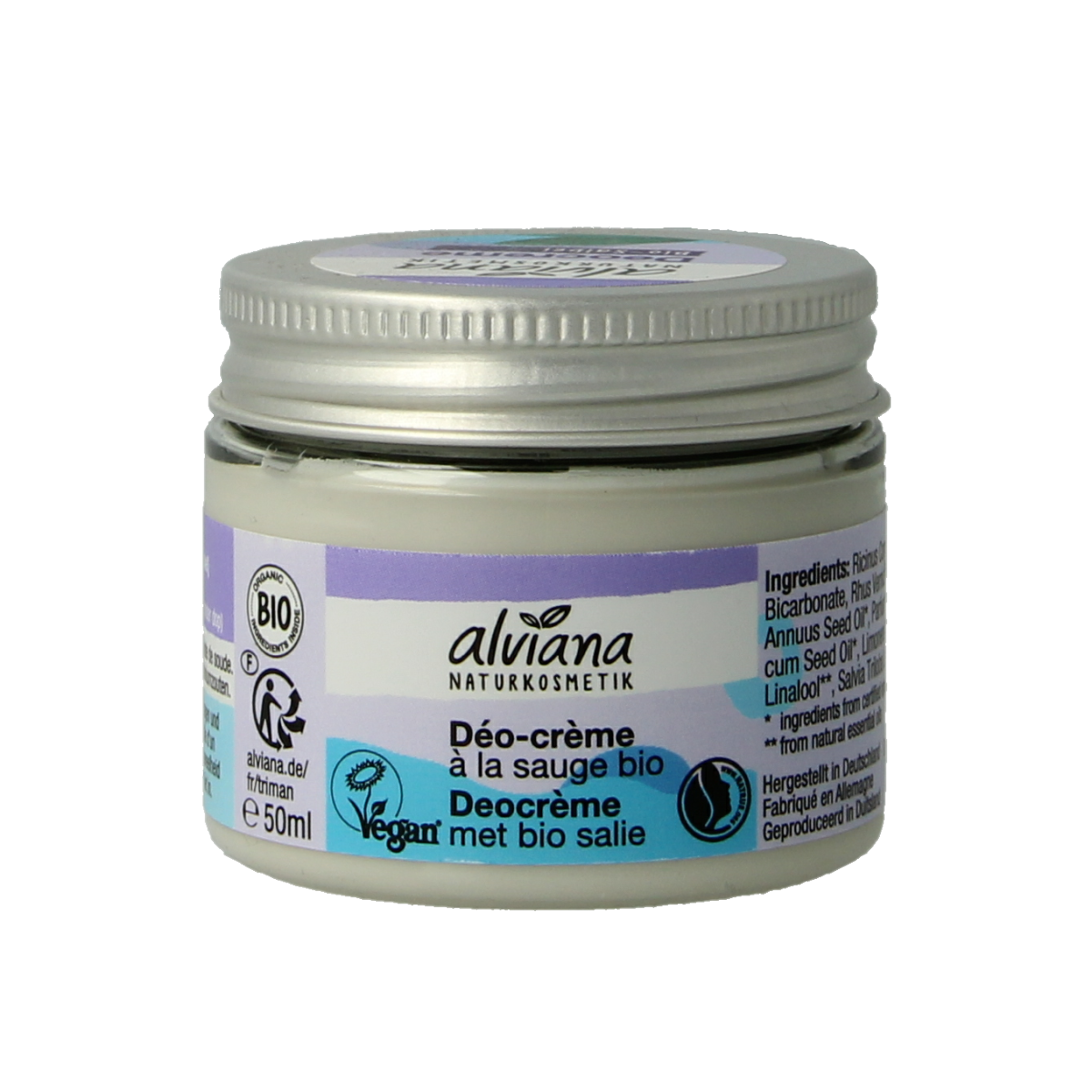 Alviana salie deodorant creme in 50ml jar, natural deodorant with salie herbal scent, creamy texture, and eco-friendly packaging