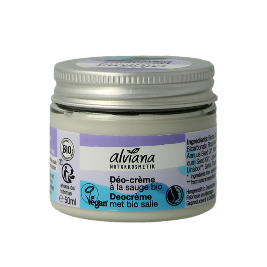 Alviana salie deodorant creme in 50ml jar, natural deodorant with salie herbal scent, creamy texture, and eco-friendly packaging