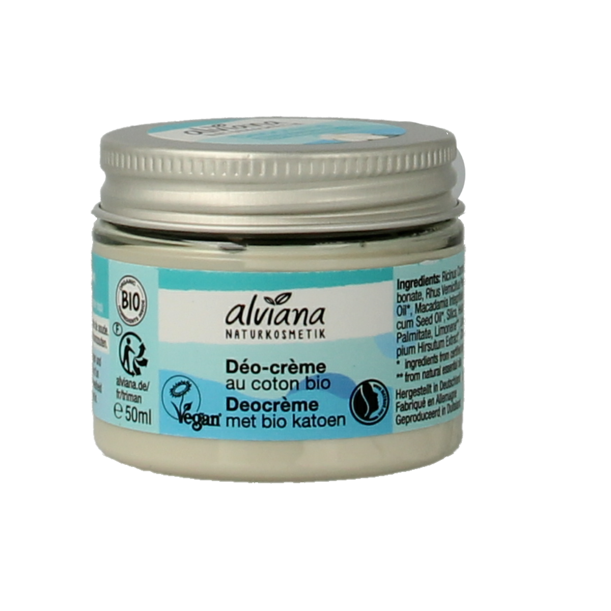 Alviana Deo Creme Katoen deodorant stick with 50 ml of natural cotton-scented deodorant in a white container.