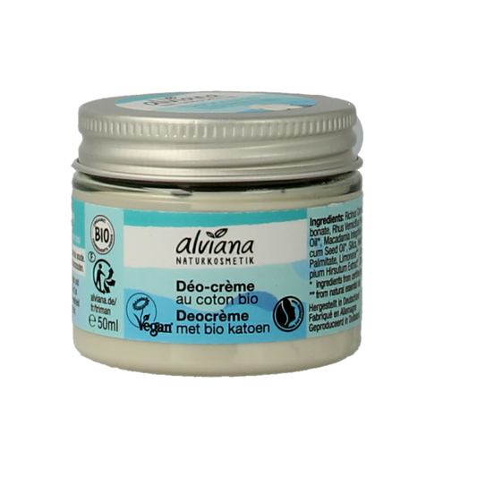 Alviana Deo Creme Katoen deodorant stick with 50 ml of natural cotton-scented deodorant in a white container.
