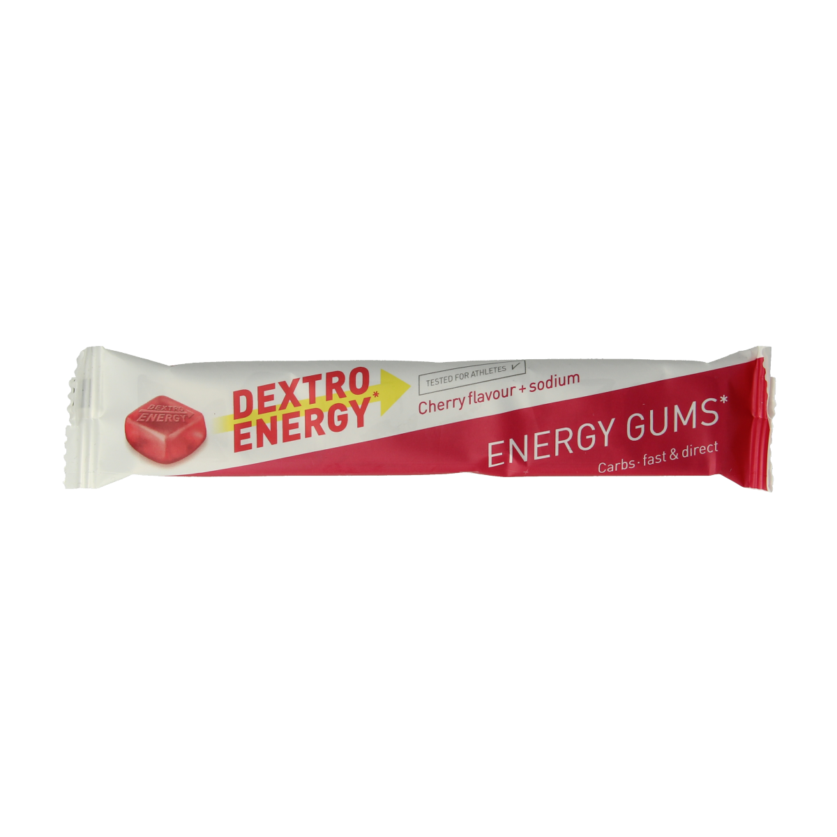 Dextro Energy gums Kers & Sodium in 45g pack, colorful cherry-flavored chewable candy with sodium, branded by Dextro.