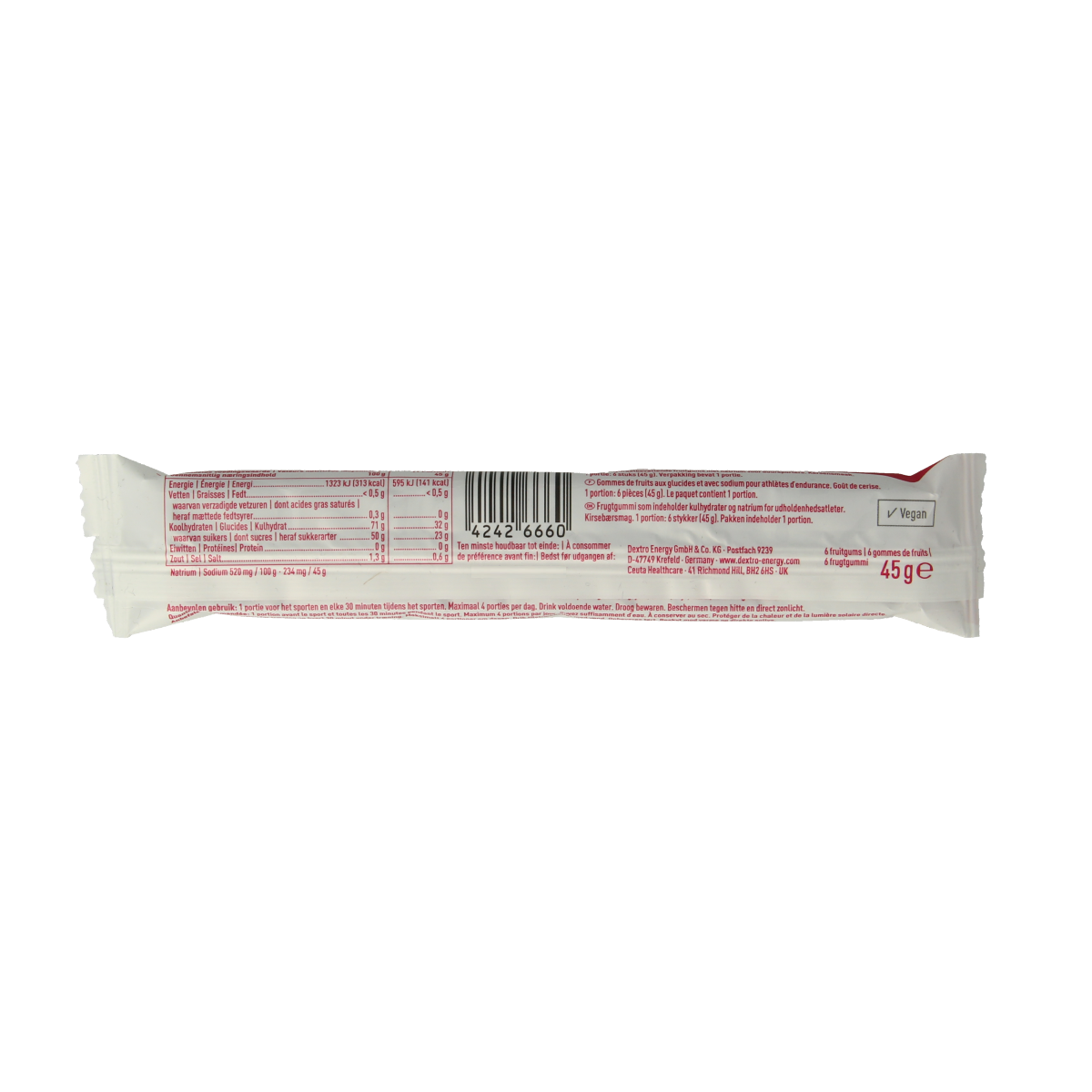 Dextro Energy gums in cherry and sodium flavor, 45g pack, showing the colorful chewing gum pieces in a clear package.