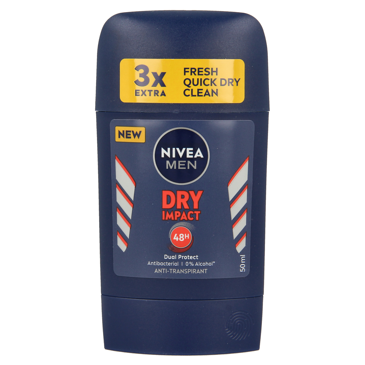 Nivea Men deodorant dry stick Impact 50ml, white stick with blue cap, ready for use.