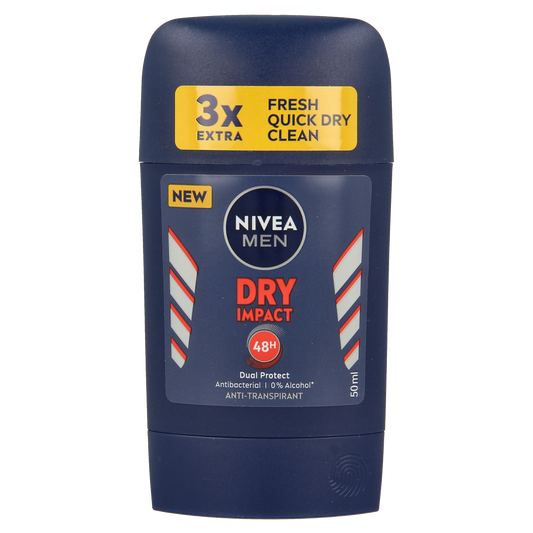 Nivea Men deodorant dry stick Impact 50ml, white stick with blue cap, ready for use.