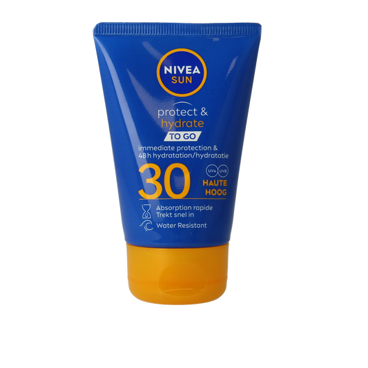 Nivea Sun Protect & Hydration Melk SPF30 sunscreen lotion in a 50ml bottle, with a smooth, hydrating formula and SPF protection.