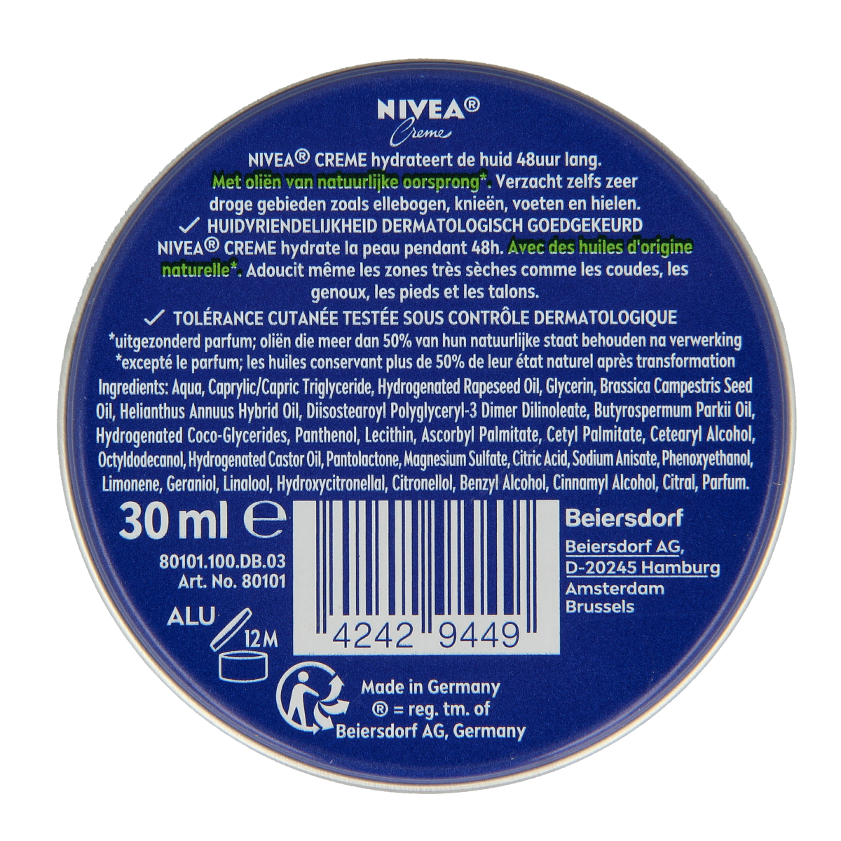 Mini Nivea Creme jar for body care, 30ml, with blue and white packaging, suitable for moisturizing skin.