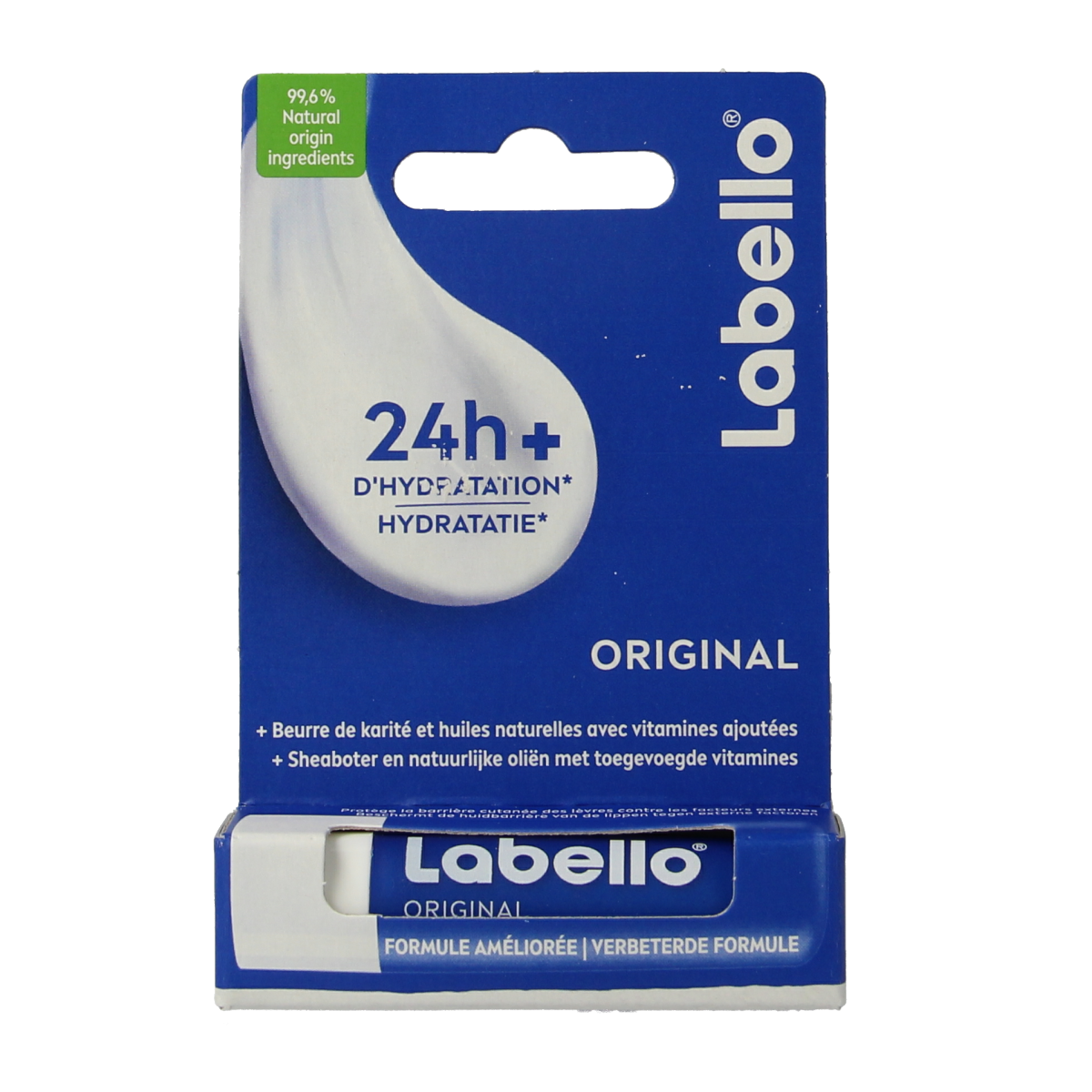 Labello Original lip balm in a 4.80g blister pack, moisturizing lip care product with a simple, smooth balm texture.
