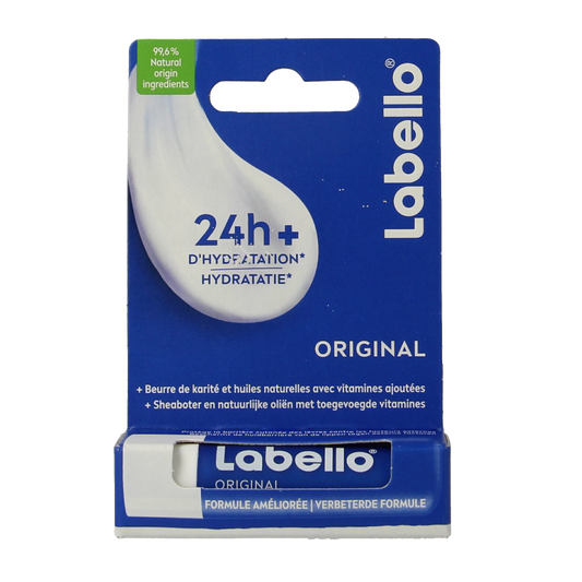 Labello Original lip balm in a 4.80g blister pack, moisturizing lip care product with a simple, smooth balm texture.