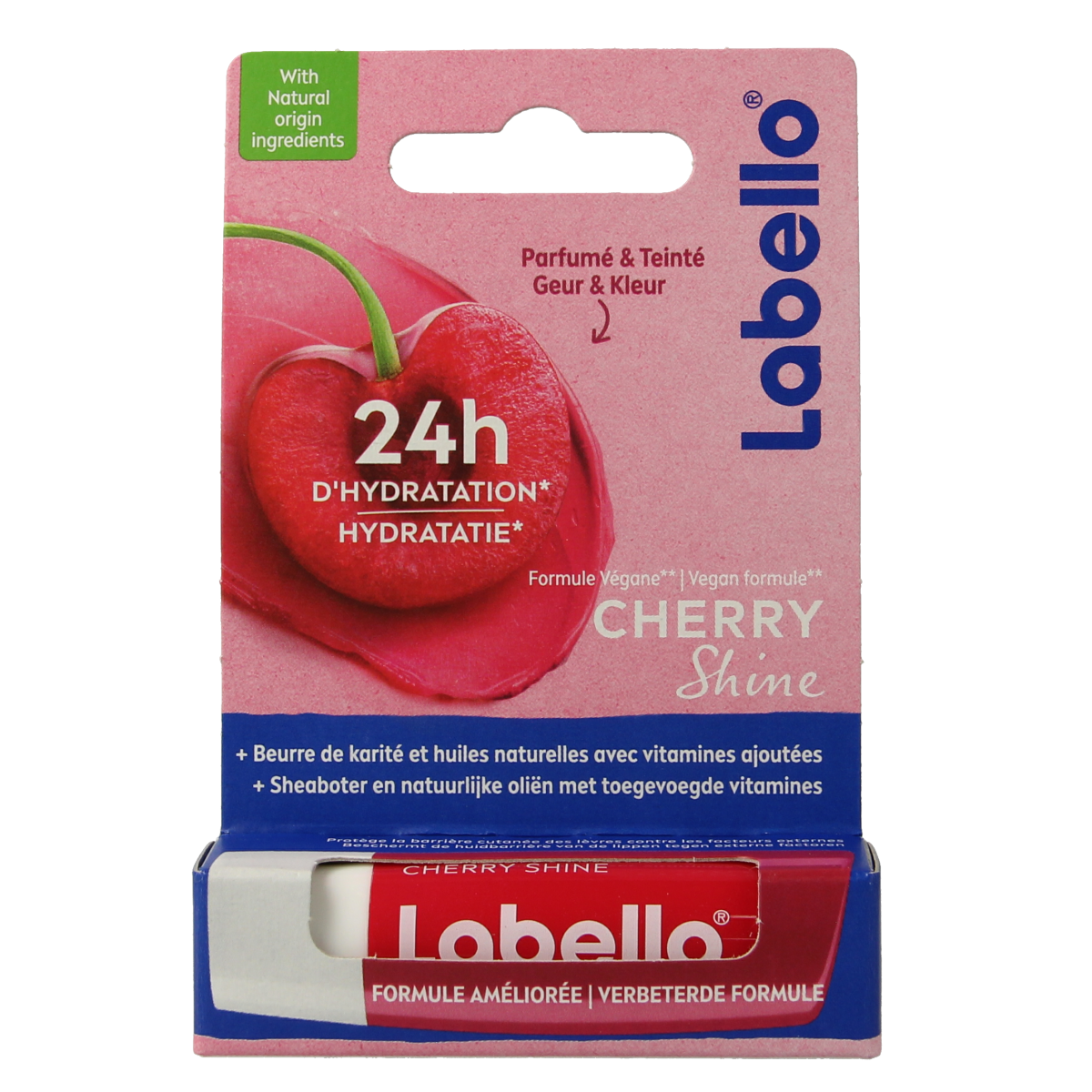 Labello Cherry lip balm in a 4.80g blister pack, moisturizing lip care product with cherry flavor and smooth texture.