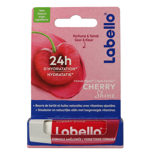 Labello Cherry lip balm in a 4.80g blister pack, moisturizing lip care product with cherry flavor and smooth texture.
