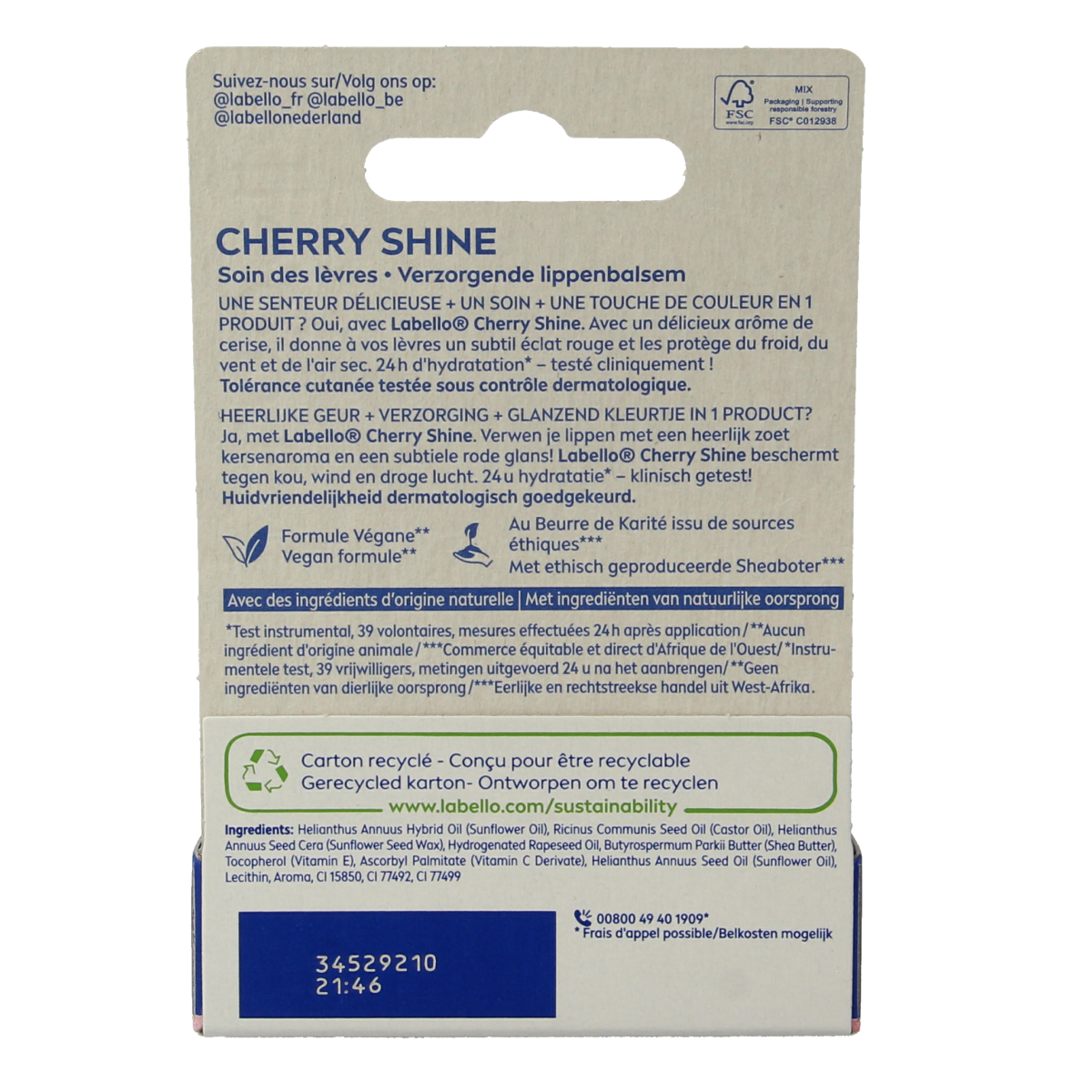 Labello Cherry lip balm in a 4.80g blister pack, nourishing lip care with cherry flavor, designed for soft, moisturized lips.