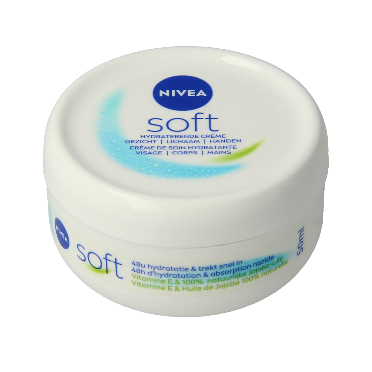 Nivea Soft mini 50ml body care pot showing smooth white cream inside, ideal for nourishing skin.