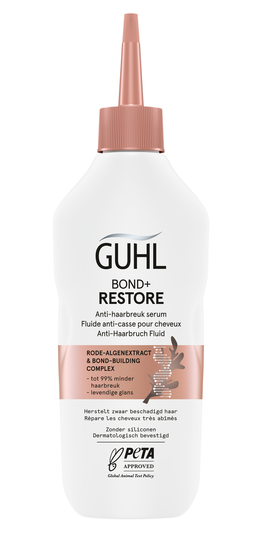 Guhl Bond & Restore serum for hair care in a 150ml bottle, designed to strengthen and repair damaged hair.