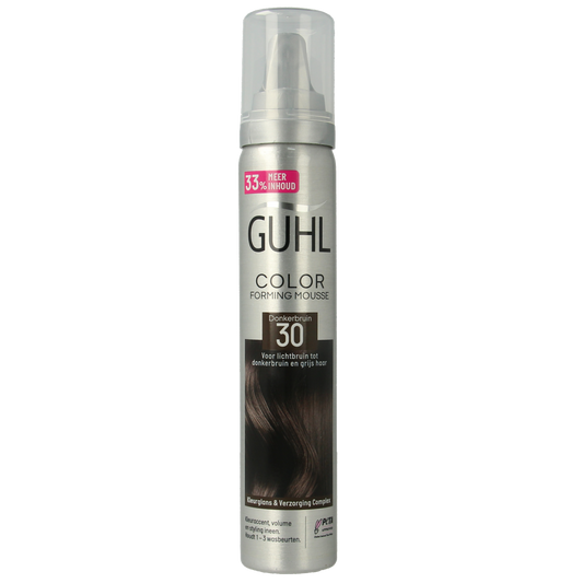 Guhl Color form mousse 30 donkerbruin hair coloring foam in 100ml bottle, showing the product and packaging.