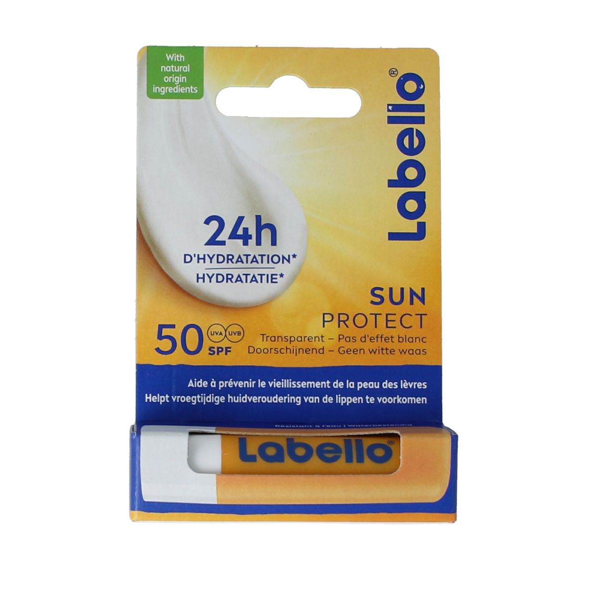 Labello Sun Protect SPF50 lip balm in a single tube, providing sun protection and lip care.