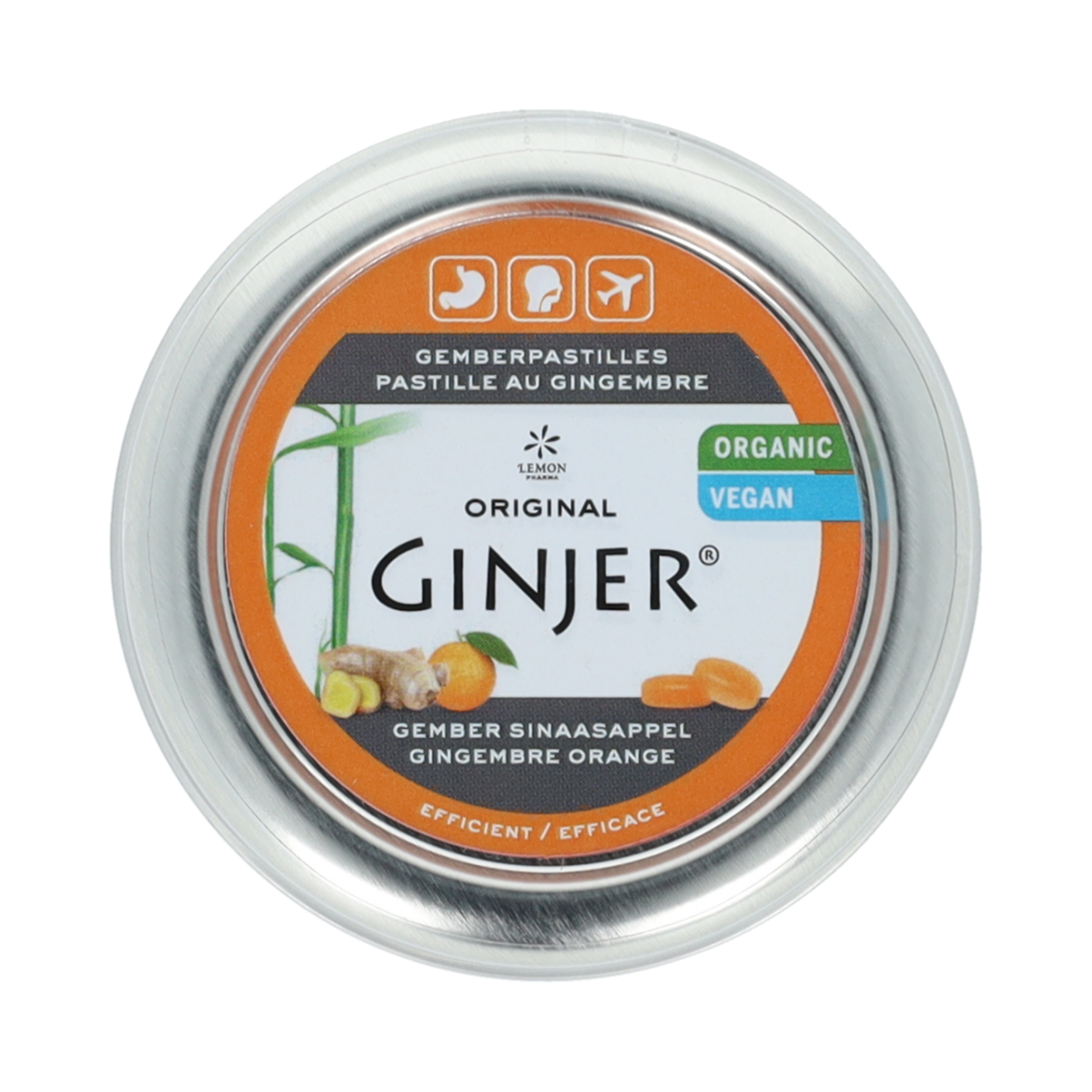Lemon Pharma Ginjer ginger pastilles with orange, organic herbal supplement, 40 grams, showing the herbal pastilles and packaging.