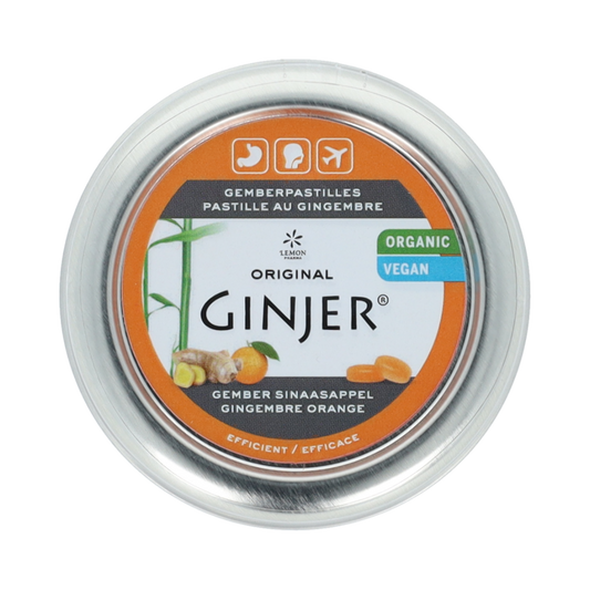 Lemon Pharma Ginjer ginger pastilles with orange, organic herbal supplement, 40 grams, showing the herbal pastilles and packaging.