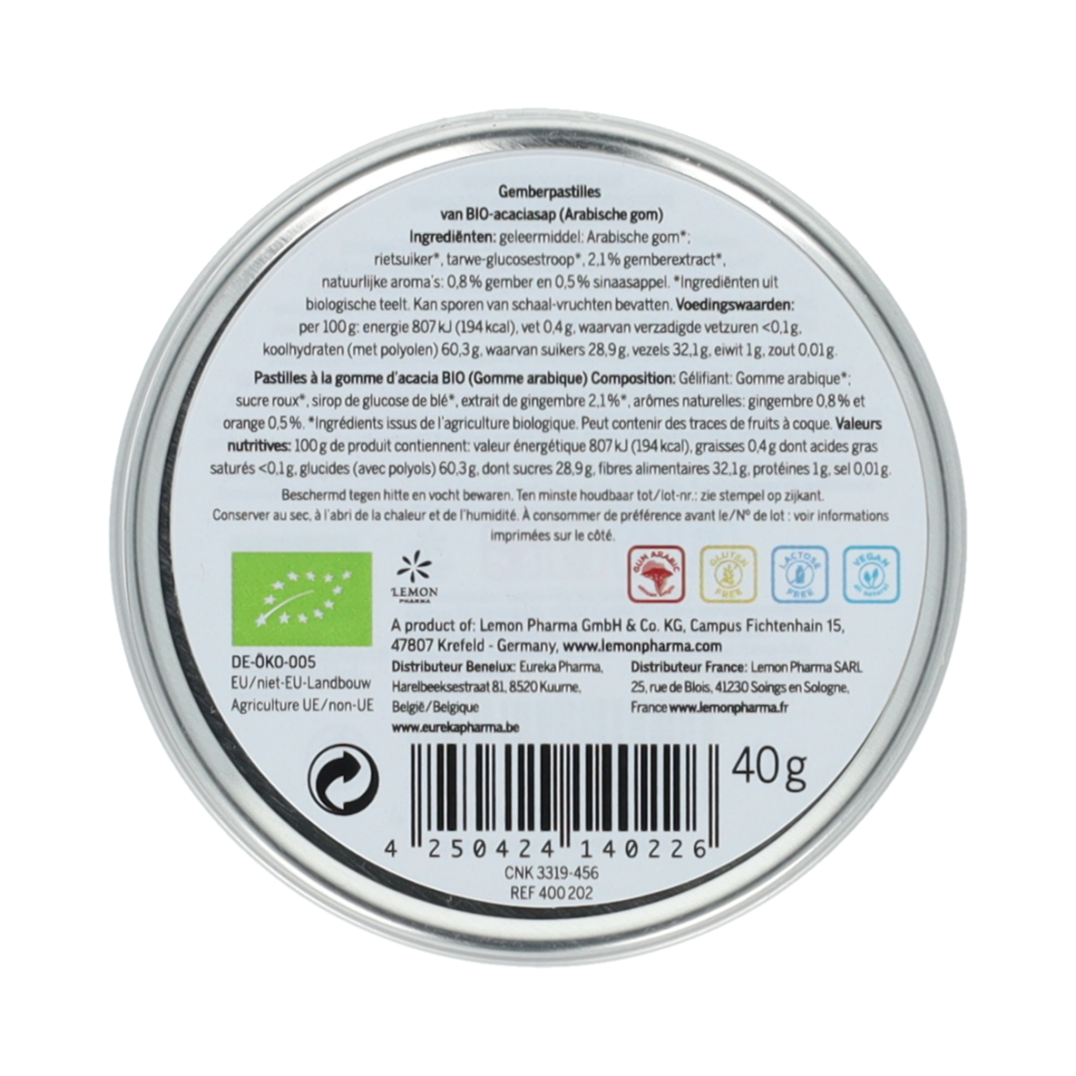 Lemon Pharma Ginjer gember pastilles met sinaasappel, bio kruidenpreparaten, 40g, natural ginger and orange flavor.