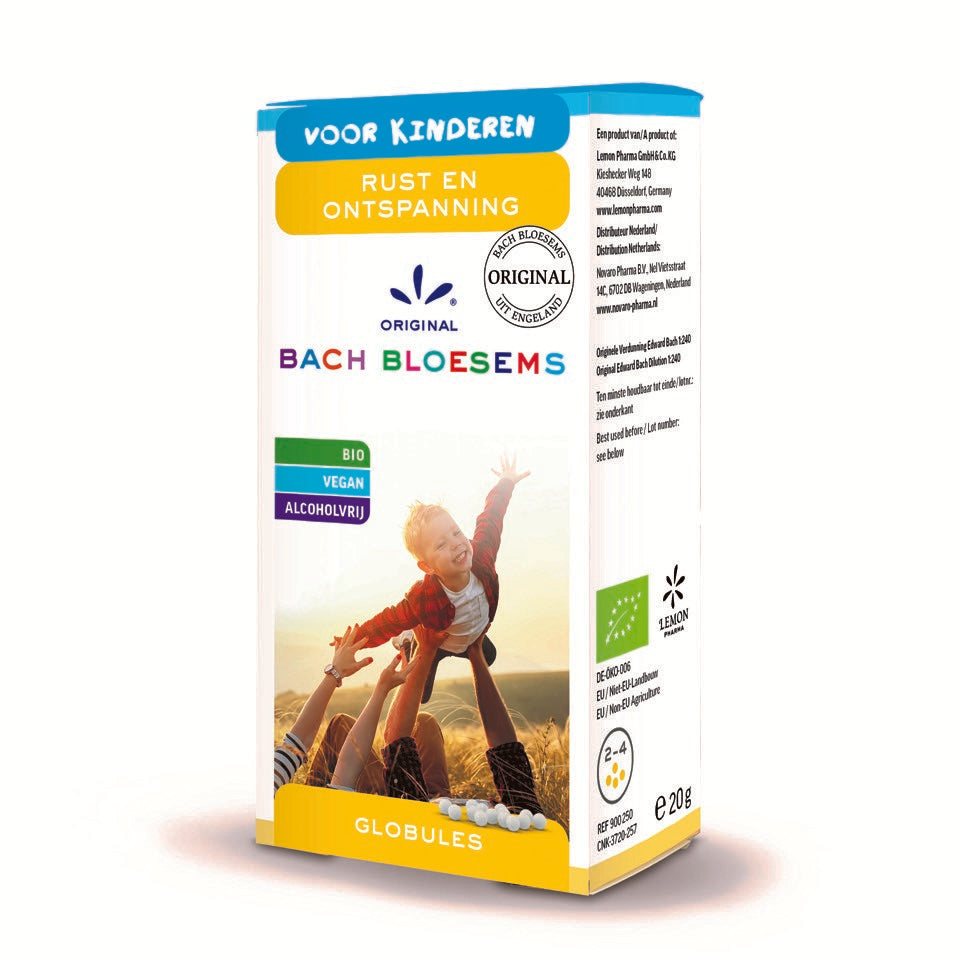 Bach Bloesem Kruidenpreparaten with Rust/Ontspanning bio, 20g, featuring herbal flower pearls in a clear jar with colorful label.