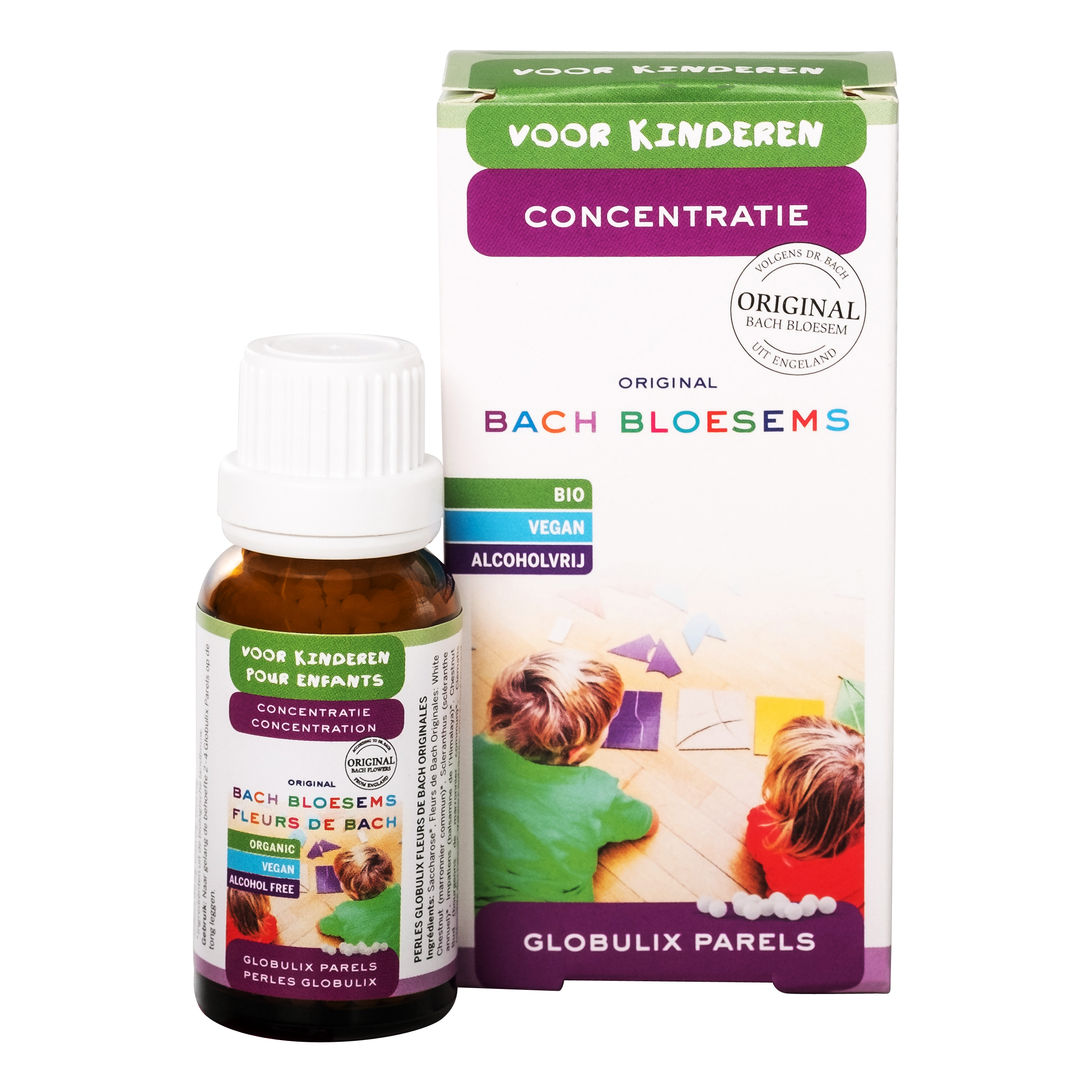 Bach Bloesem Bach Bloesem Parels Kind concentratie bio, herbal supplement in a small glass jar with colorful beads.