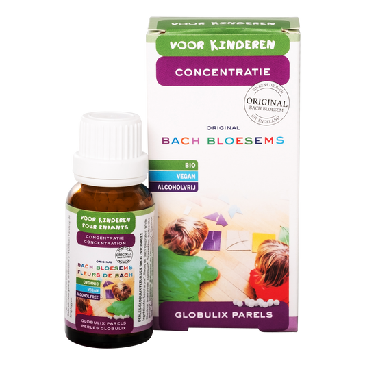 Bach Bloesem Bach Bloesem Parels Kind concentratie bio, herbal supplement in a small glass jar with colorful beads.