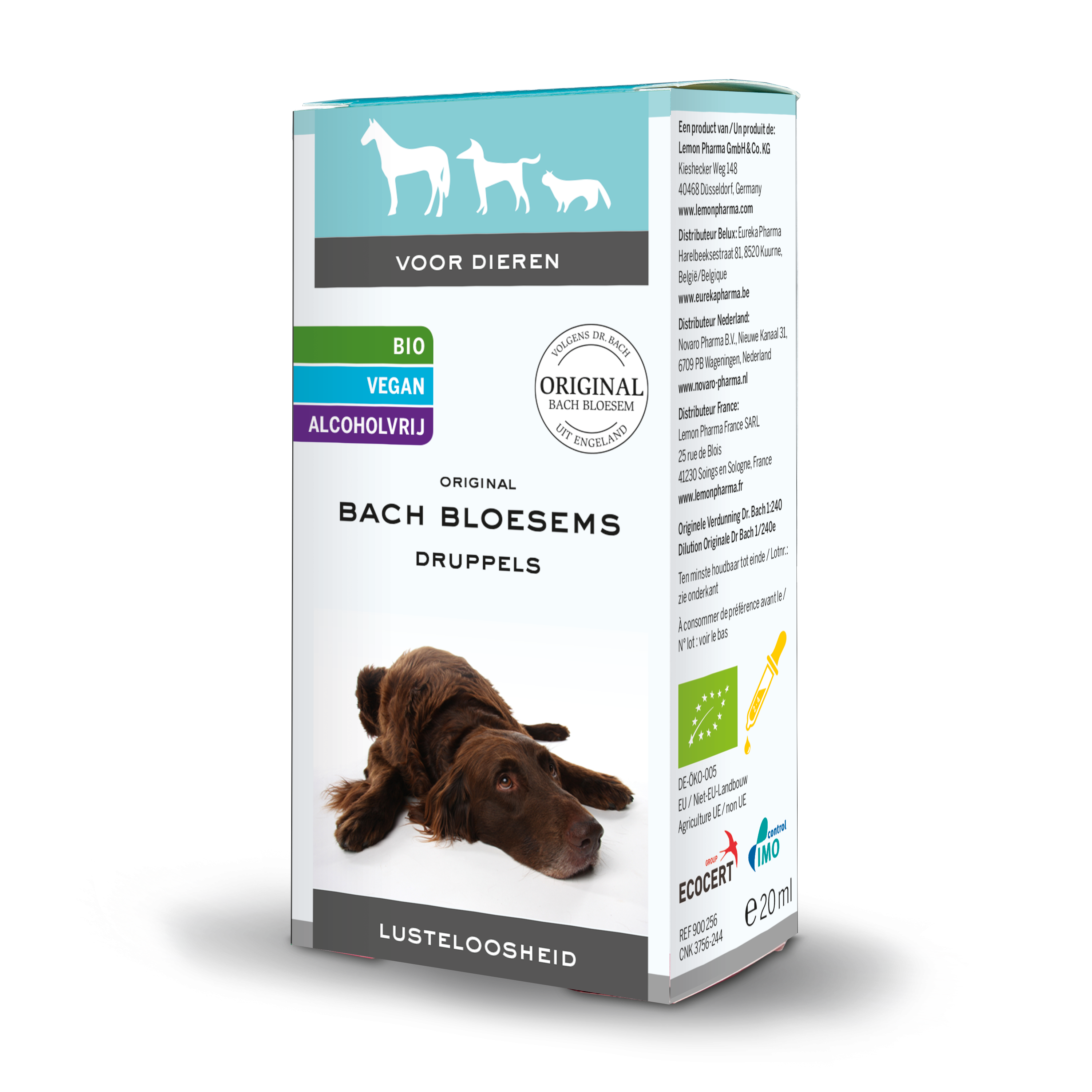 Bach Bloesem diersupplement in 20ml bottle, natural remedy from Bach Bloesem for animal lethargy, organic pet supplement.