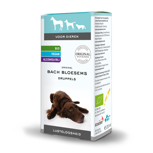 Bach Bloesem diersupplement in 20ml bottle, natural remedy from Bach Bloesem for animal lethargy, organic pet supplement.