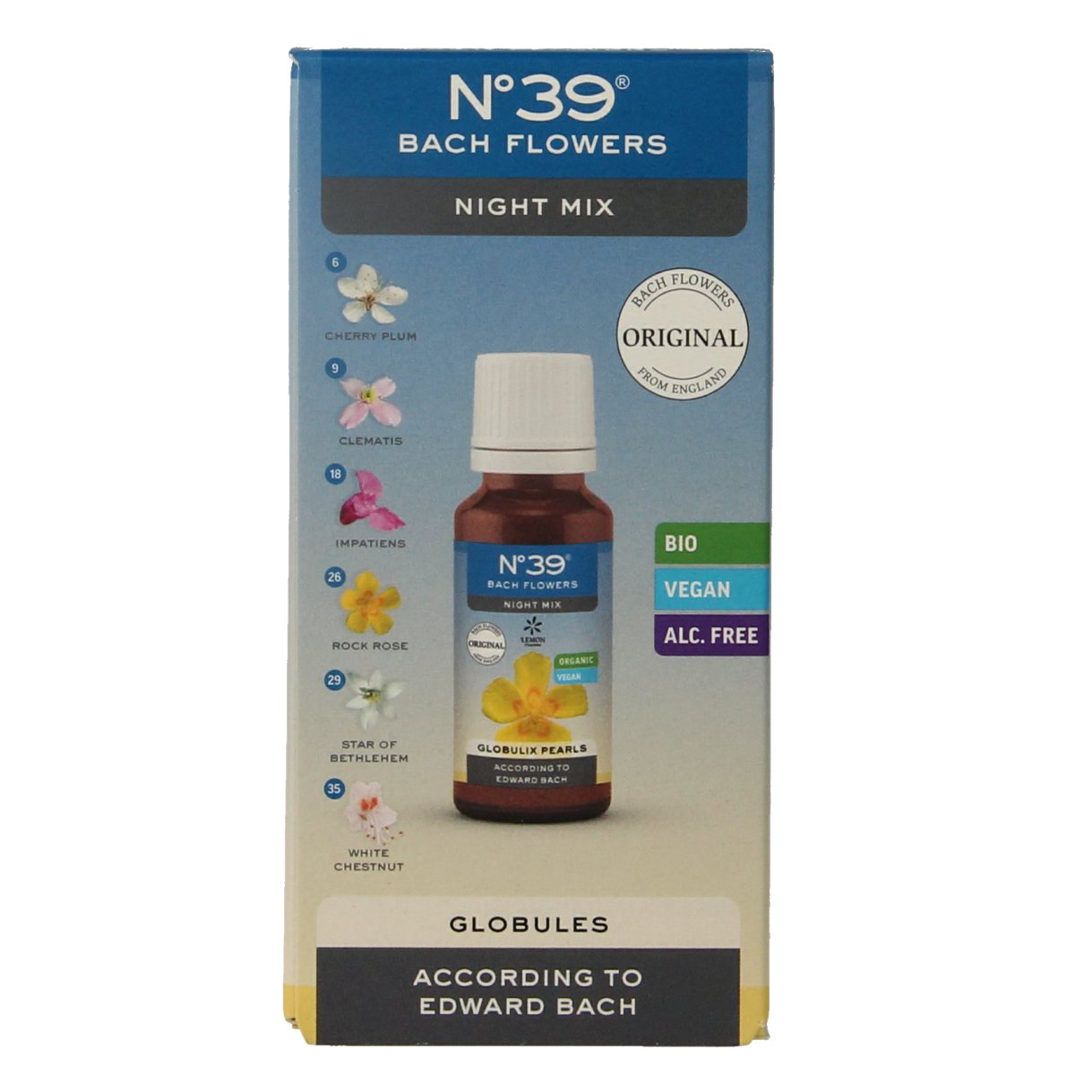 Bach Bloesem Kruidenpreparaten Bloesem Globules nr. 39 Nacht bio in 20g container, natural herbal remedy with Bach Bloesem branding
