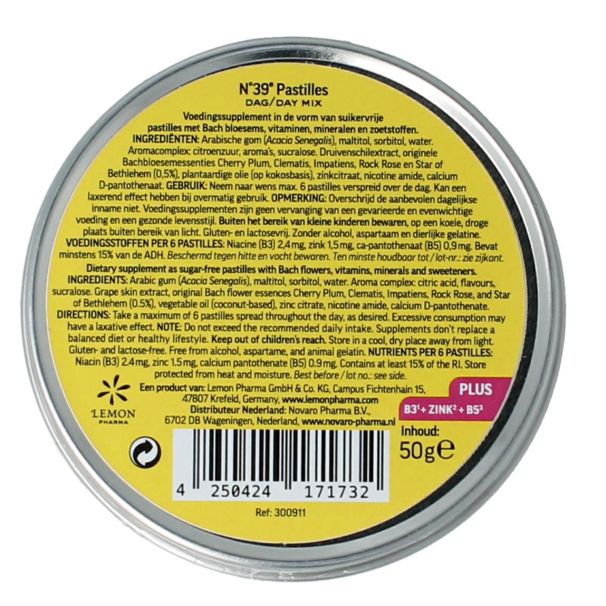 Lemonpharma Bach vegan herbal pastille, bio, noodgeval nr. 39, 50g, in a clear container with herbal ingredients visible