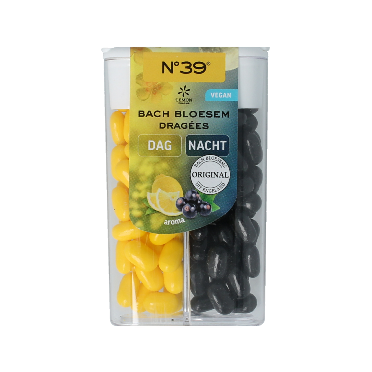 Lemonpharma Bach Bach Bloesem Dragees nr. 39, herbal supplement for day and night, 44g, with botanical ingredients.