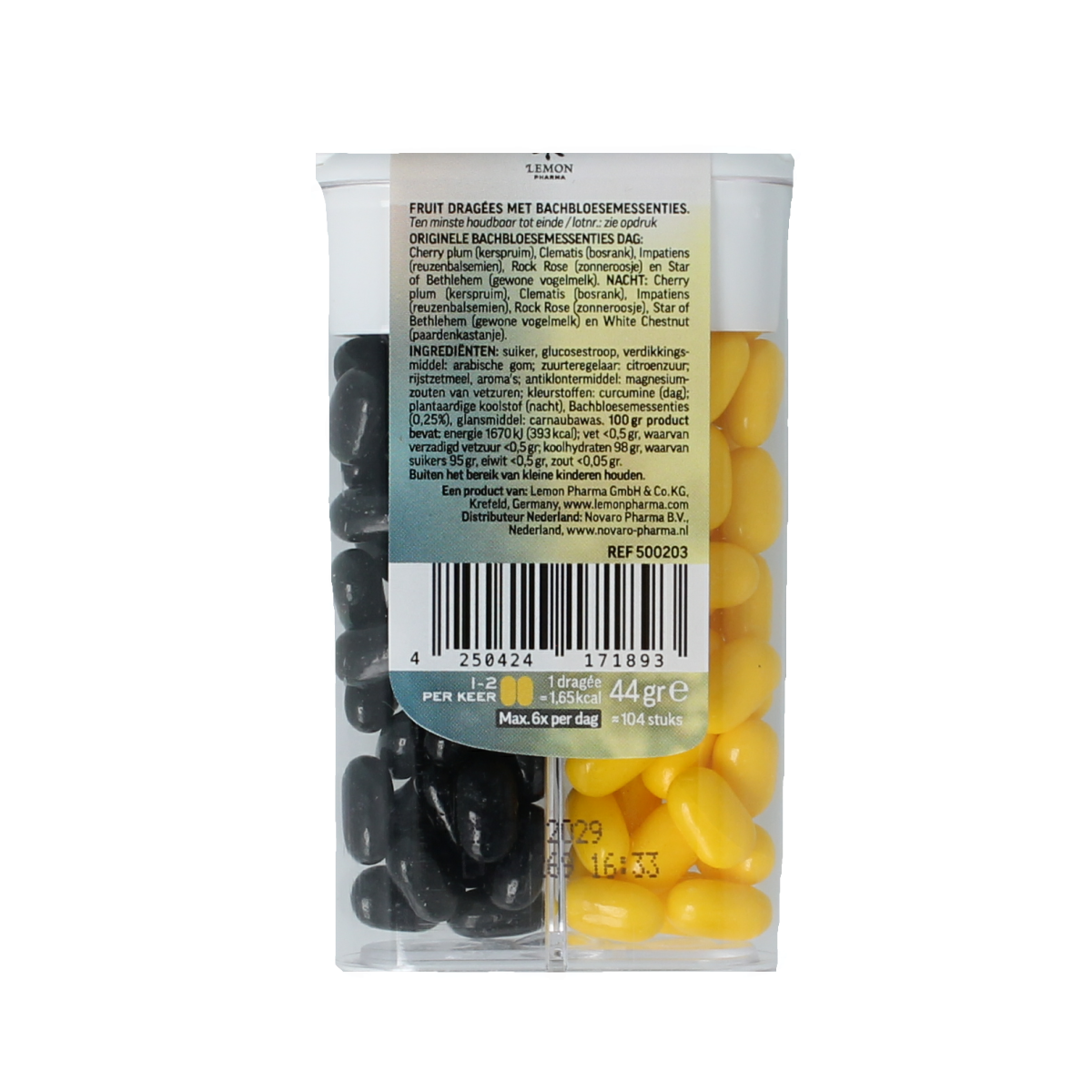 Lemonpharma Bach Kruidenpreparaten Bach Bloesem dragees nr. 39, 44g, with colorful herbal dragees in a clear container