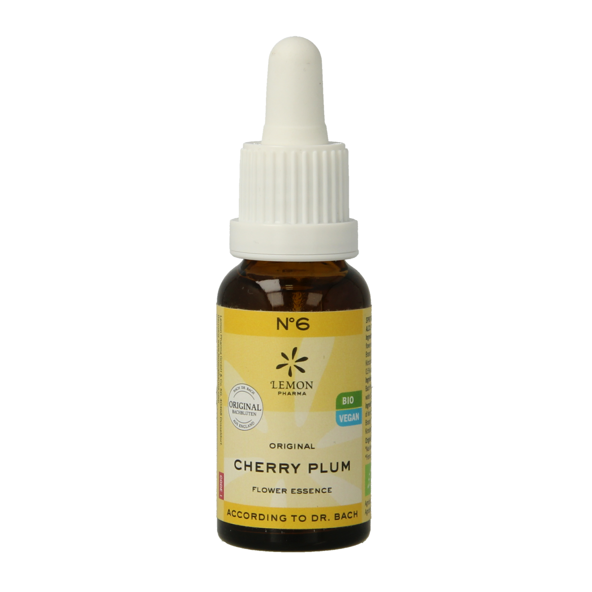 Bach Bloesem Cherry Plum bio herbal remedy bottle, 20ml, with label showing product details and branding.