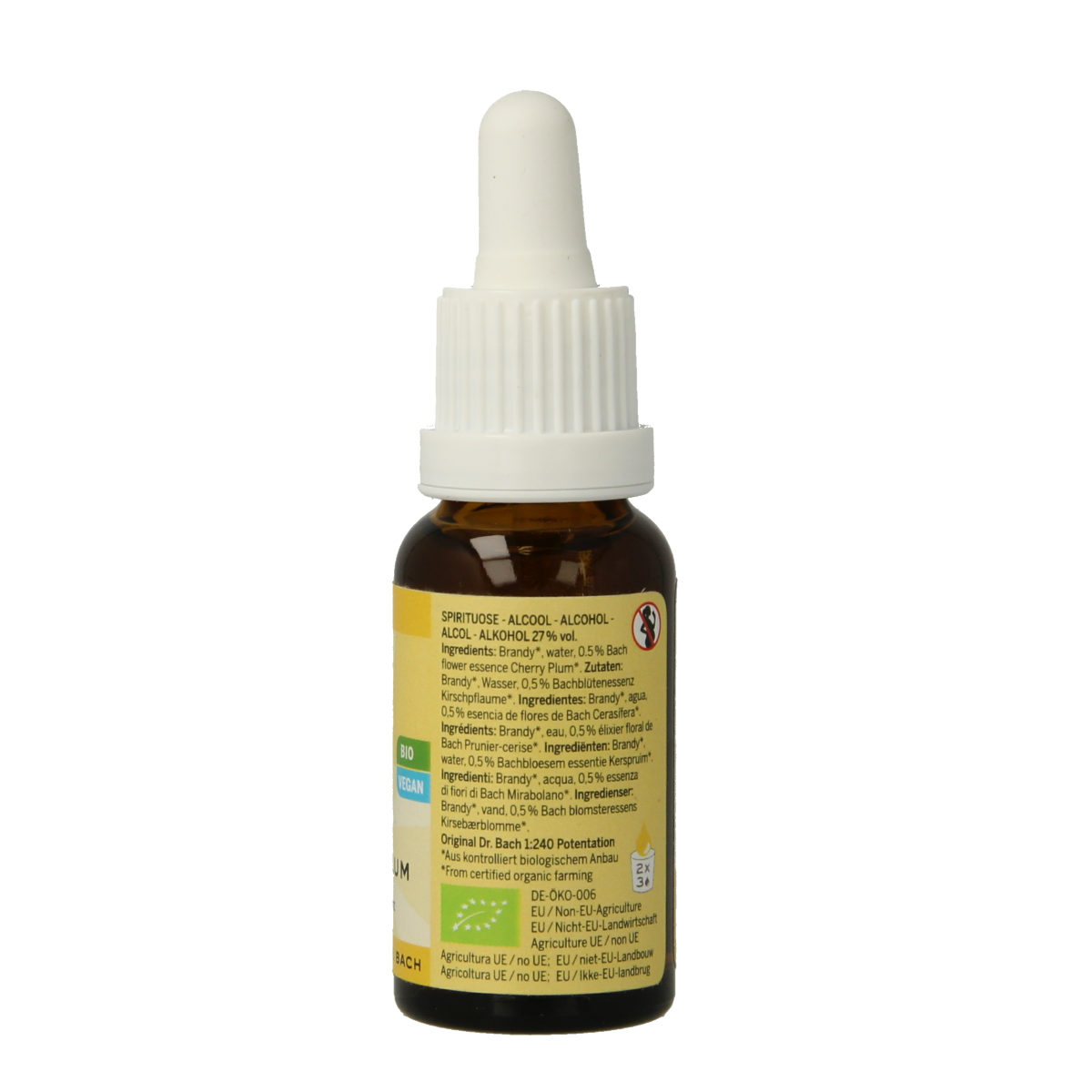 Bach Bloesem Cherry Plum bio herbal remedy in 20ml bottle, part of Bach Bloesem remedies collection, with cherry plum flowers visible