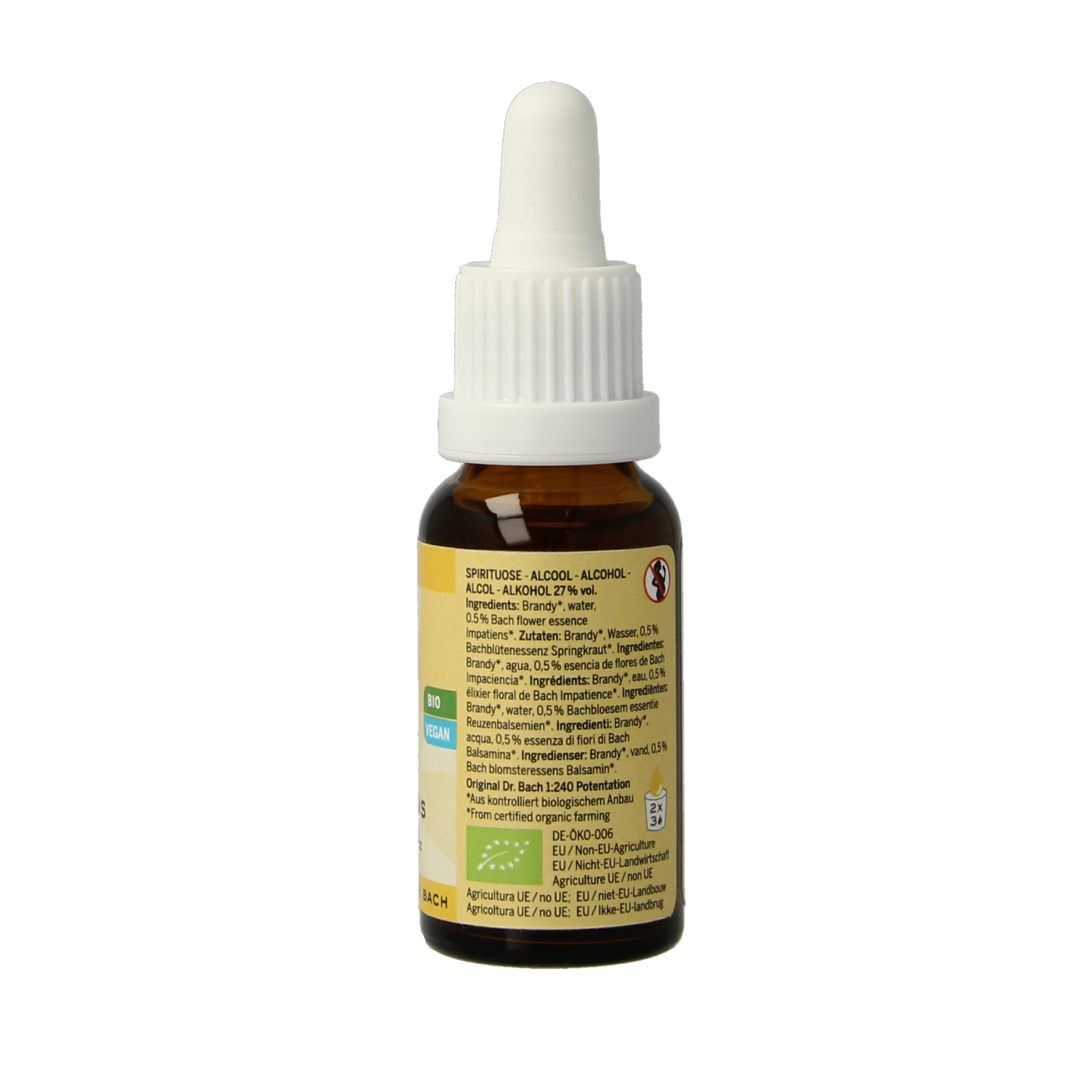 Bach Bloesem Impatiens herbal remedy in a 20ml bottle, natural floral remedy for stress relief, from Bach Bloesem brand