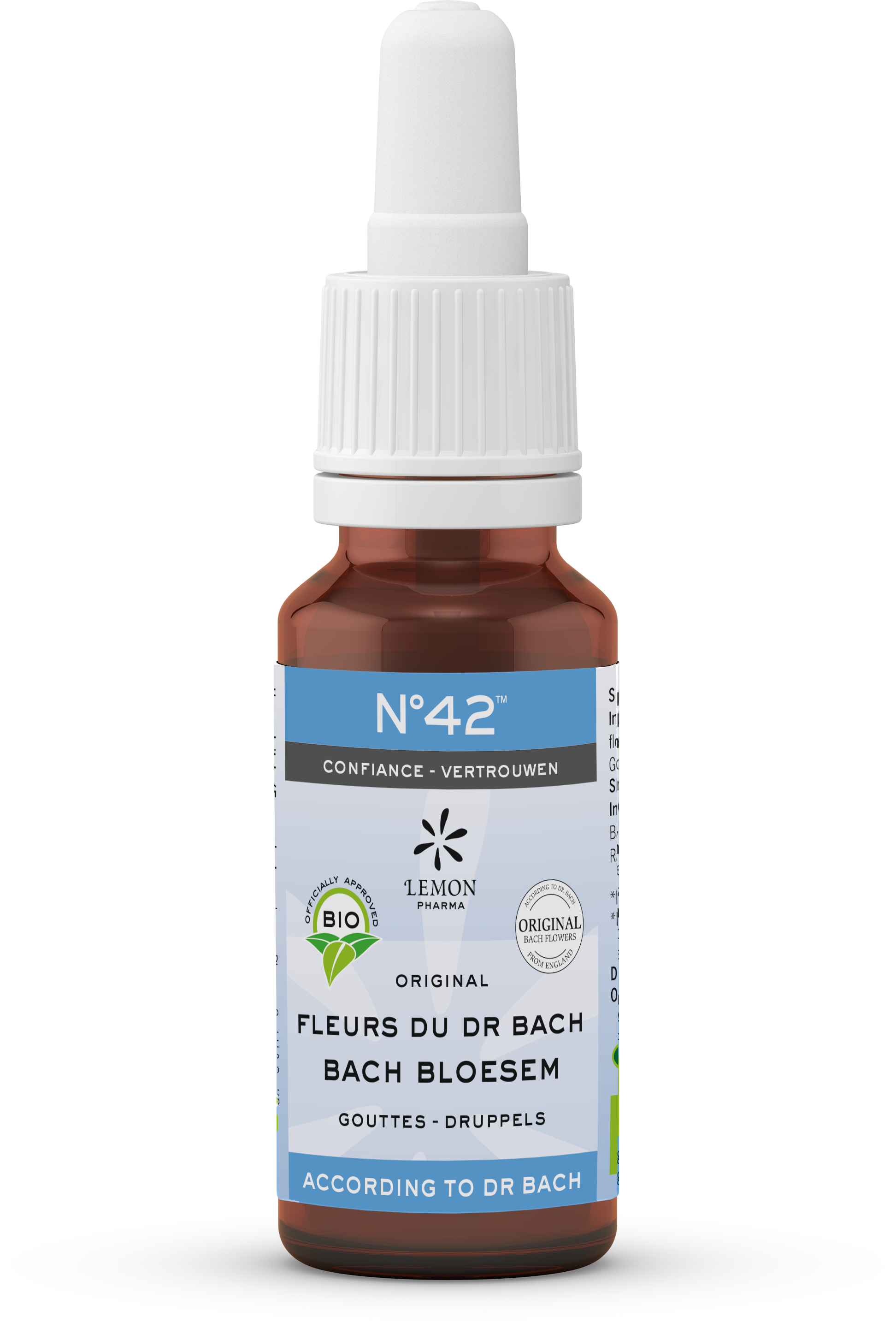 Bach Bloesem herbal remedy bottle labeled Bach Bloesem mengeling, 20ml, for natural emotional support, in front of a plain background.