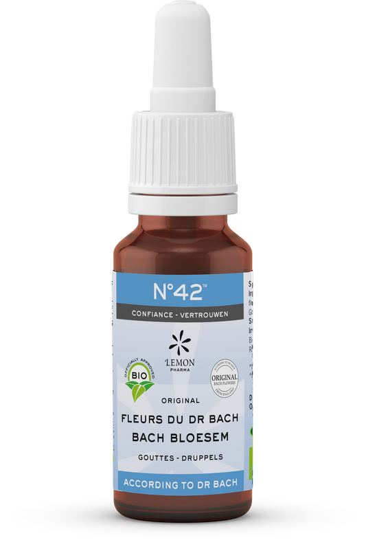 Bach Bloesem herbal remedy bottle labeled Bach Bloesem mengeling, 20ml, for natural emotional support, in front of a plain background.