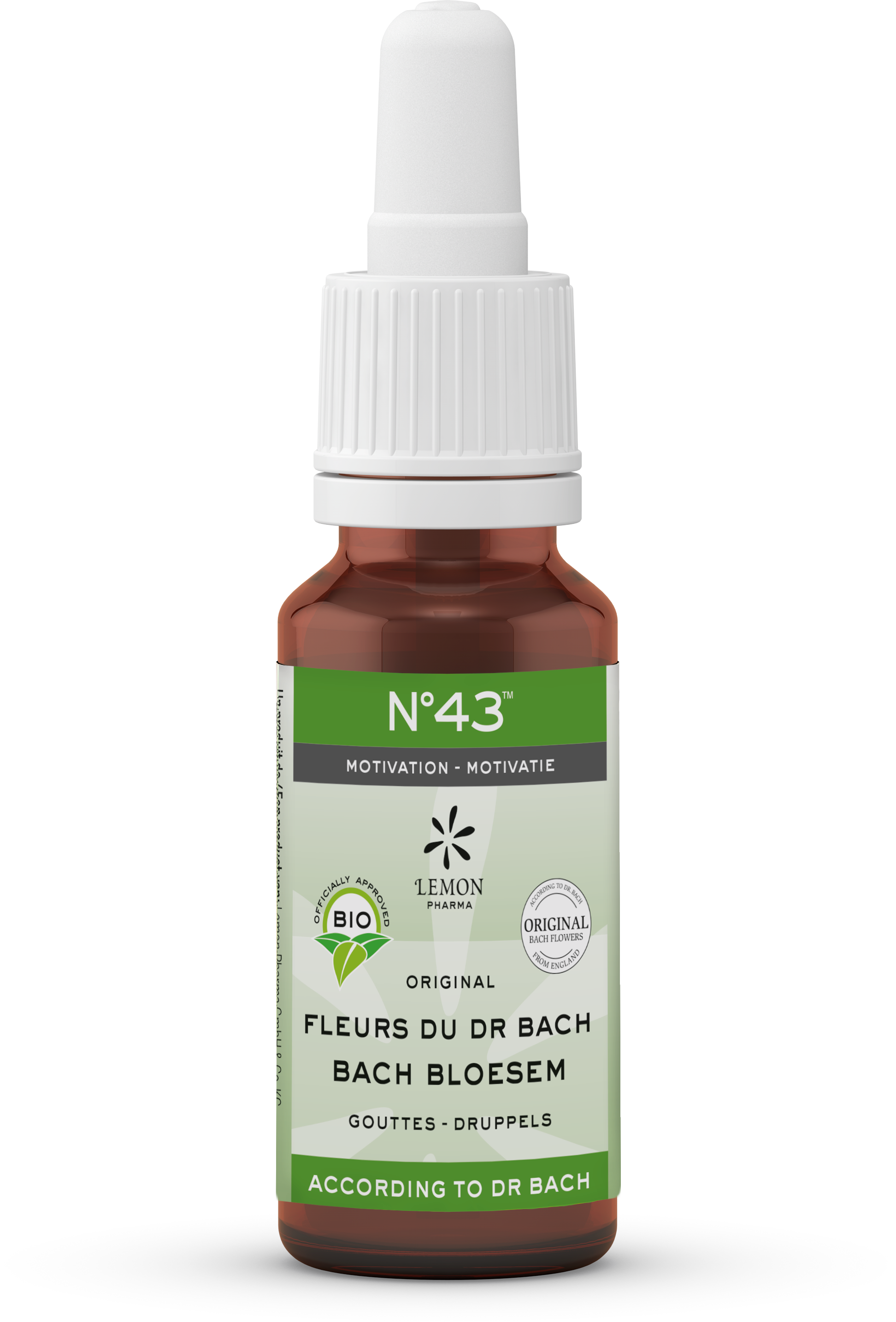 Bach Bloesem kruidenpreparaat Mengeling 43 Motivatie in 20ml bottles, featuring colorful herbal ingredients and packaging.