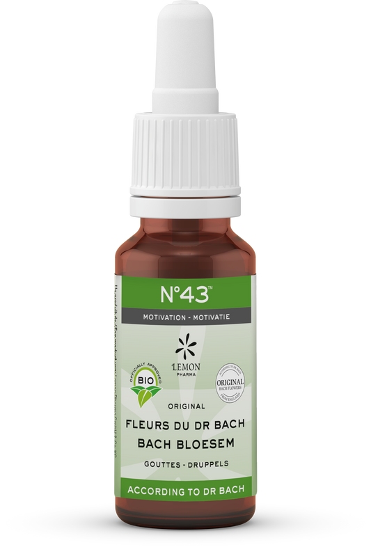 Bach Bloesem kruidenpreparaat Mengeling 43 Motivatie in 20ml bottles, featuring colorful herbal ingredients and packaging.