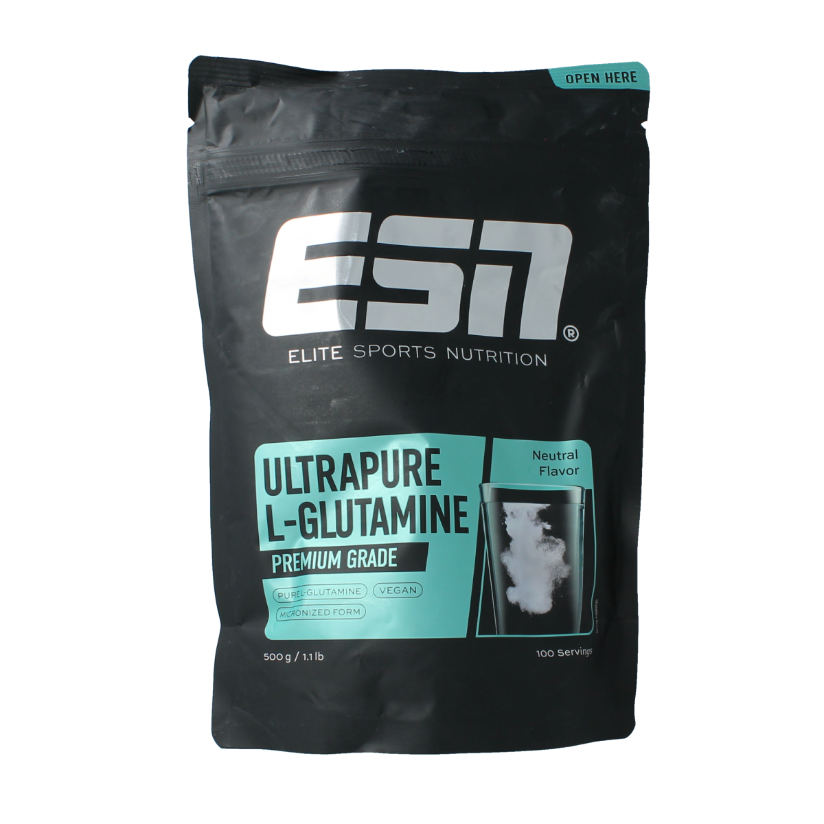 ESN Ultrapure L-glutamine powder in 500g container, amino acid supplement, white powder product with label and measuring scoop.
