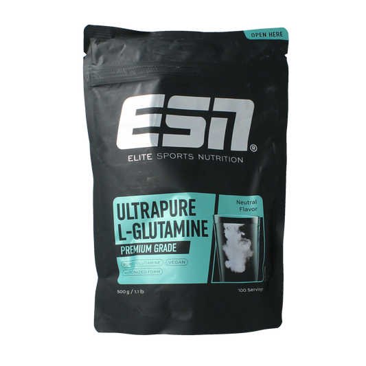 ESN Ultrapure L-glutamine powder in 500g container, amino acid supplement, white powder product with label and measuring scoop.