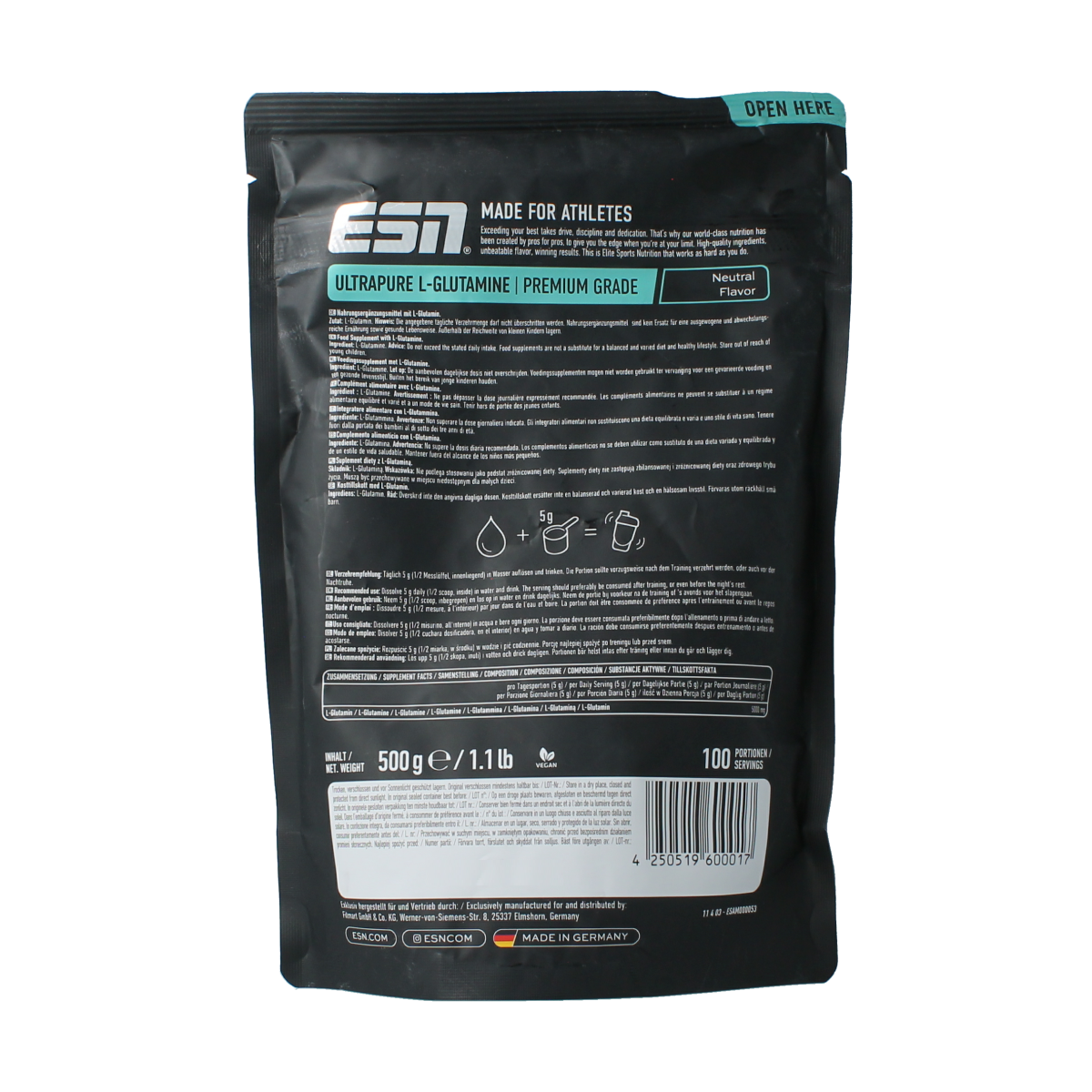 ESN Ultrapure L-glutamine powder, 500g, an amino acid supplement, shown in a clear container with white powder.