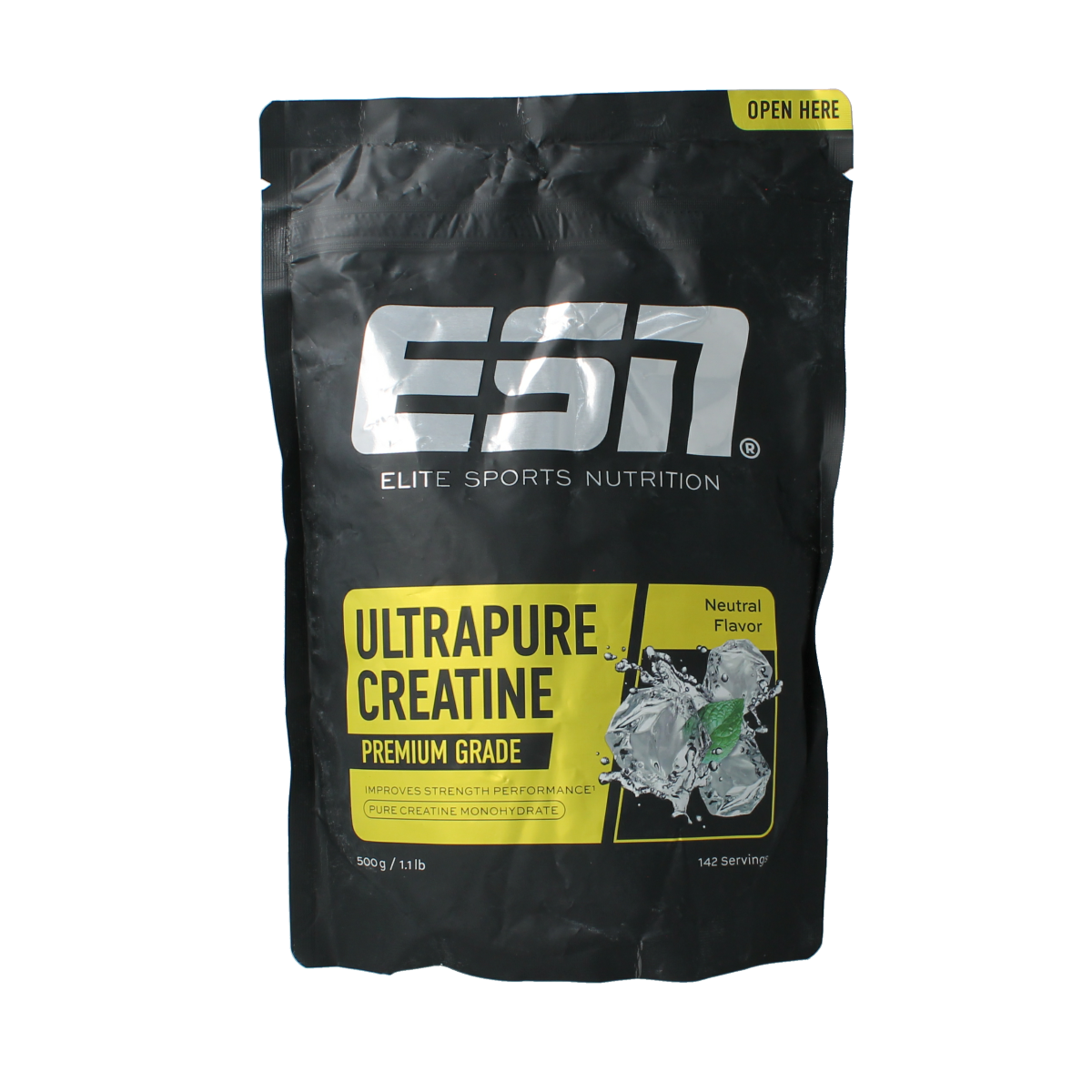 ESN Ultrapure Creatine Monohydrate powder in a 500g container, supplement for muscle building and athletic performance.